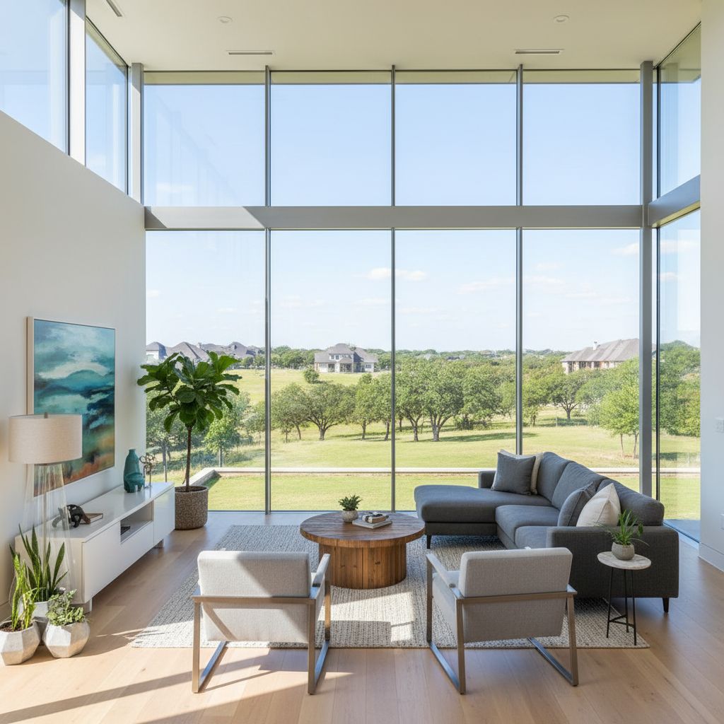 A modern Fort Worth living room with large, clear windows overlooking a green suburban landscape during a sunny day